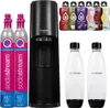 A SodaStream Terra sparkling water maker with accessories, including CO2 cylinders, reusable bottles, and flavored syrups. Produktbild-Vorschau