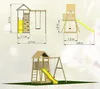 Diagrams and a rendering of a wooden playground set with dimensions. Podgląd zdjęcia produktu