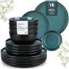 A stack of black bowls and plates with teal interiors, alongside teal plates and a label indicating '18 PIECE DINNERWARE SET'. Náhled obrázku produktu