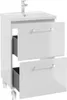 A white bathroom vanity with a sink and faucet, showing two open drawers. Produktbild-Vorschau