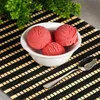 A white bowl filled with scoops of red ice cream sits on a black and tan striped placemat, with green foliage in the background. Voir les images du produit
