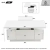 A white coffee table with dimensions and a diagram showing its lift-top mechanism. Produktbild-Vorschau