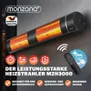 A marketing image of a black infrared heater mounted on a wall, with glowing orange and yellow heating elements. Various icons and text highlight features. Produktbild-Vorschau