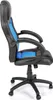 A side view of a black and blue racing style office chair on a white background. Voir les images du produit