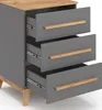 A close-up, angled view of a gray chest of drawers with wooden handles and a wooden top. Náhled obrázku produktu