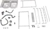 A disassembled stainless steel double sink with its plumbing and frame components laid out on a white background. Podgląd zdjęcia produktu