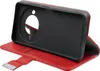 A red and gray flip-style phone case is shown open. Produktbild-Vorschau