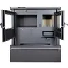 A front view of a gray wood-burning stove with its doors open. Produktbild-Vorschau