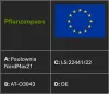A grid of information related to a plant passport, including the EU flag. Produktbild-Vorschau