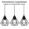 Three black industrial-style pendant lights with geometric metal cages are displayed against a white background. Text above describes the product. Produktbild-Vorschau
