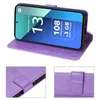 A collage of images showing a purple flip wallet case for a Xiaomi Redmi Note 13 4G phone, with close-ups of the case's closure and embossed design. Produktbild-Vorschau
