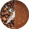 A split image showing whole coffee beans on the left and ground coffee on the right. Produktbild-Vorschau