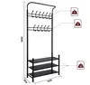 A black metal coat rack with three shelves for shoes and multiple hooks for hanging clothes. Produktbild-Vorschau