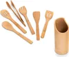 A set of bamboo kitchen utensils and a holder, arranged on a white background. Podgląd zdjęcia produktu
