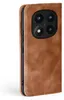 A close-up side view of a brown leather flip phone case for a Xiaomi Redmi Note 14 Pro 5G / Pro+ 5G. Produktbild-Vorschau