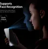 A woman is holding a smartphone with a screen protector, and a digital representation of her face is scanning the phone. Produktbild-Vorschau