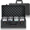 A black storage case for trading cards is shown open, revealing four compartments filled with cards. Anteprima dell’immagine prodotto