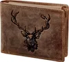 A close-up view of a brown leather wallet with a deer head embossed on it. Produktbild-Vorschau