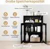 A black bathroom cabinet with glass doors, displaying various bathroom products on its shelves. The image includes text annotations highlighting storage capacity and different uses for the cabinet. Anteprima dell’immagine prodotto