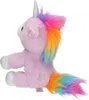A side view of a plush unicorn toy sitting on a white background. Voir les images du produit