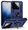 A blue protective phone case with a ring stand is displayed from multiple angles.