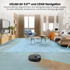 A robot vacuum cleaner is shown navigating a living room with a blue overlay indicating its cleaning path. Produktbild-Vorschau