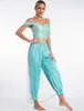 A woman modeling a teal and gold Arabian princess costume. Produktbild-Vorschau