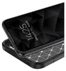 A close-up, angled view of a black smartphone case with a geometric pattern on the back, and the phone screen displaying the time and date. Produktbild-Vorschau