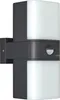 A modern, dark gray outdoor wall light with two frosted white light panels and a motion sensor in the center. Produktbild-Vorschau