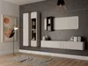 A modern living room setup with a wall-mounted entertainment unit, shelving, and a floor lamp. Produktbild-Vorschau