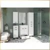 A modern bathroom with green tiled walls, a white vanity with a sink and black faucet, a tall white cabinet, a mirror, and a shower enclosure. Voir les images du produit