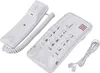A white corded telephone with a handset and a base unit with a keypad, shown from a diagonal angle on a white background. Podgląd zdjęcia produktu