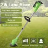 A green and silver electric lawn mower is shown on a grassy background with text overlays describing its features. Produktbild-Vorschau