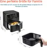 A black air fryer with a basket of fries and a separate basket shown with dimensions. Text describes the product's capacity and suitability for families. Produktbild-Vorschau