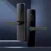 Two modern black smart door locks are displayed against a dark blue background. Náhled obrázku produktu
