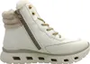 A side view of a white boot with beige accents and gold eyelets. Voir les images du produit