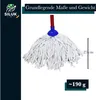 A mop head with a red handle and blue plastic connector against a white background, with text overlays indicating dimensions and weight. Produktbild-Vorschau