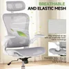 A white and gray ergonomic office chair with green leaves and text overlays highlighting its features. Náhled obrázku produktu