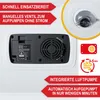 Close-up of an air mattress pump and related features with text overlays. Produktbild-Vorschau