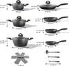 A collection of pots and pans with dimensions and capacity indicated, along with a protective mat. Produktbild-Vorschau