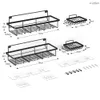 Product image showing two black metal shower shelves with dimensions indicated. Náhled obrázku produktu