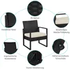 A diagram highlighting the features of a black rattan chair with a beige cushion. Podgląd zdjęcia produktu