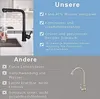 A split image showing a black kitchen faucet in use on the left and a comparison of features between 'Our' and 'Other' products on the right, with a silver faucet shown at the bottom right. Produktbild-Vorschau
