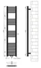 Technical drawing of a black radiator with dimensions and mounting instructions. Produktbild-Vorschau