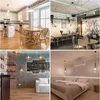 Collage of four different interior design scenes, including a kitchen, dining area, living room, and bedroom. Náhled obrázku produktu