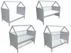 A collage of four images showing a baby bed with a house-shaped frame from different angles. Produktbild-Vorschau