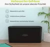 A black cord organizer box is shown on a wooden desk with a plant in the background. Text overlays describe its features. Produktbild-Vorschau