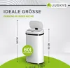 A white automatic trash can with its lid open, showing dimensions and capacity. Náhled obrázku produktu