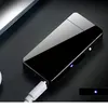 A black, sleek, rectangular electronic lighter is shown on a dark surface, connected to a white USB cable. Podgląd zdjęcia produktu
