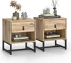 Two wooden nightstands with black metal legs are shown against a white background. Produktbild-Vorschau
